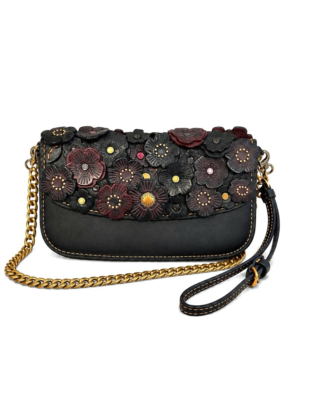 Coach Black Floral Appliqué Wristlet with Gold Chain